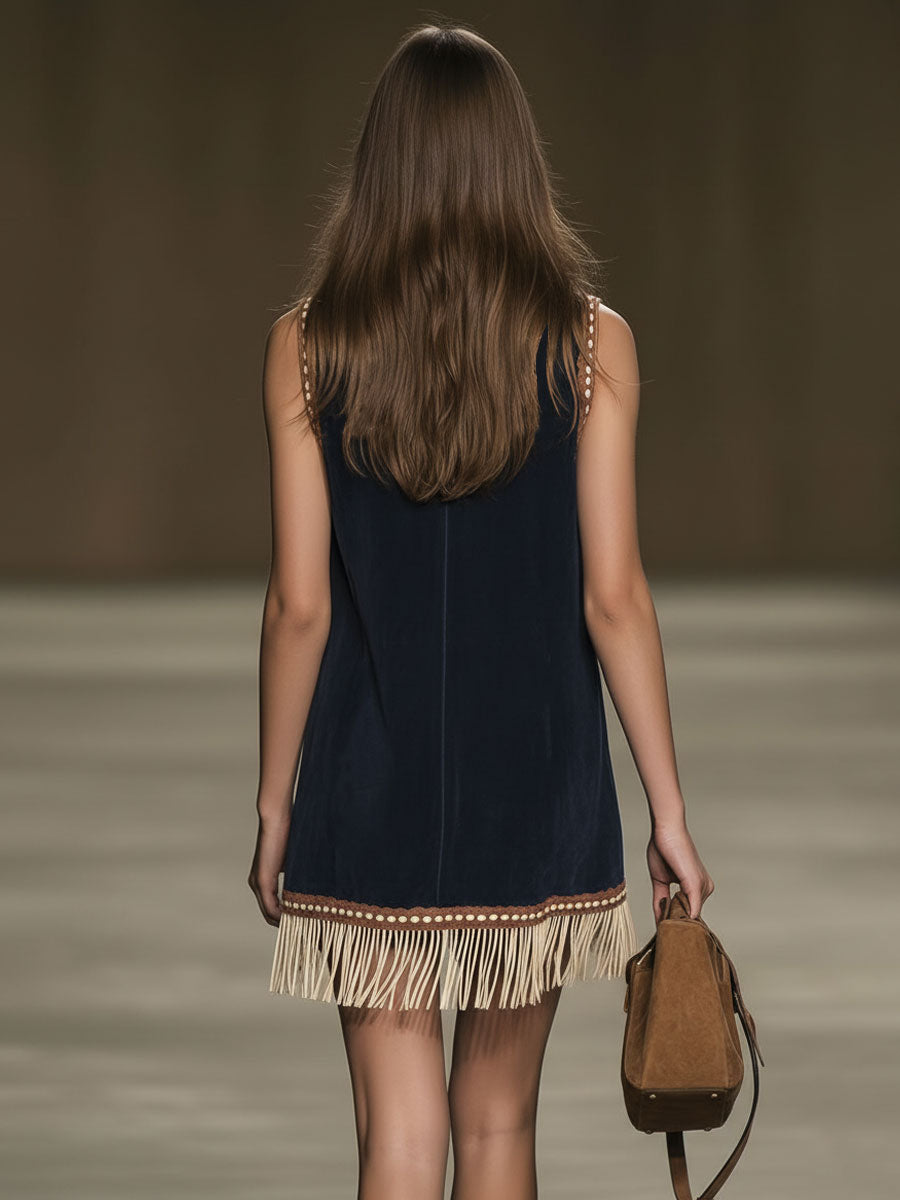 Ela - Minikleid Western im Retro-Stil aus Kunstwildleder Blumenmuster mit Fransen und V-Ausschnitt und ärmellosem Schnitt