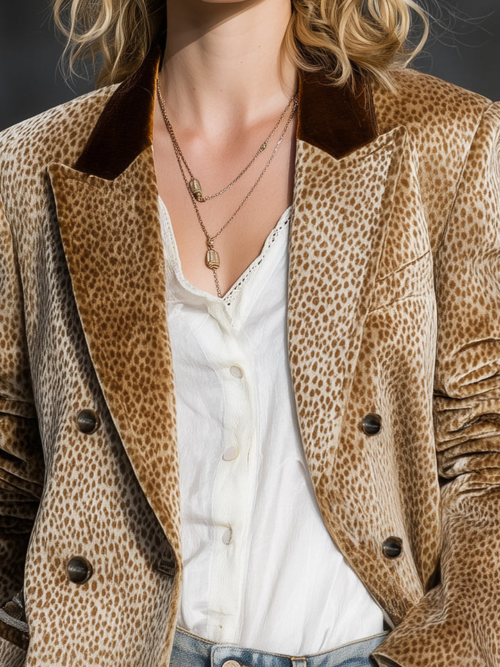 Rosina - Jacke Western im Retro-Stil aus Samt Leopardenmuster mit Kragen und V-Ausschnitt