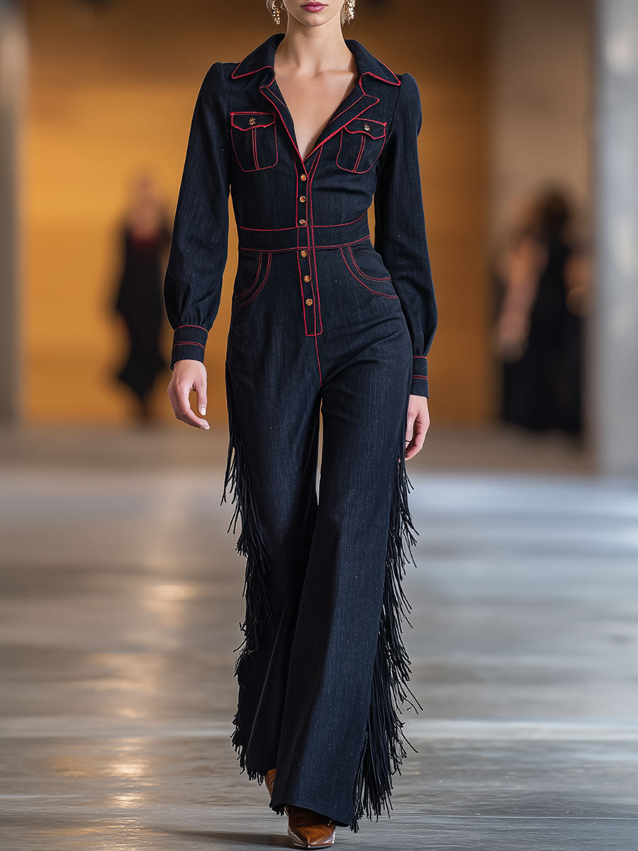 Lene - Overall Western im Retro-Stil aus Jeansstoff gestreift mit Fransen und V-Ausschnitt
