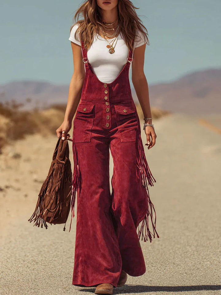 Gesine - Latzhose Western für den Alltag aus Kunstwildleder mit Fransen und Taschen