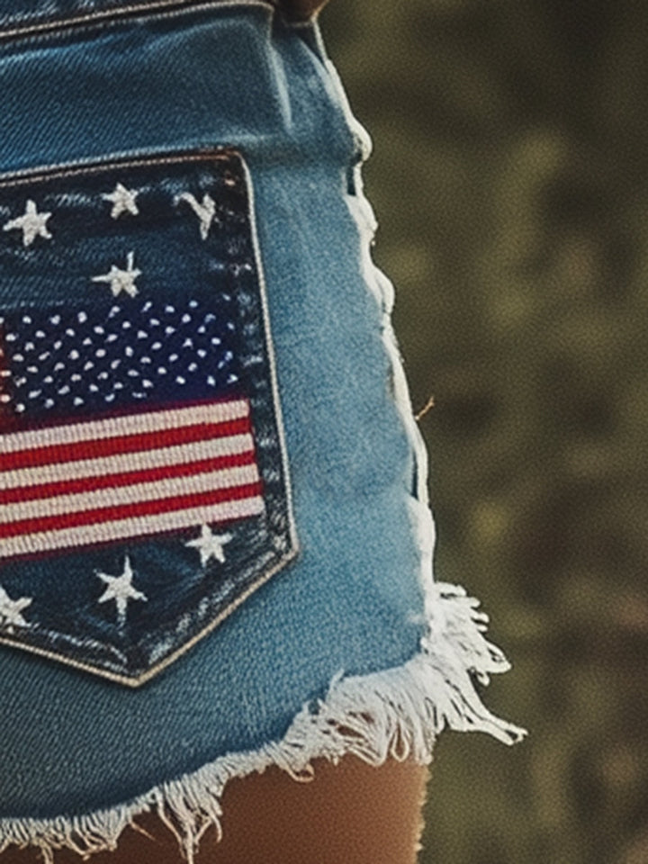 Nela - Shorts Western für den Alltag aus Jeansstoff mit Sternen und Taschen und Stickerei