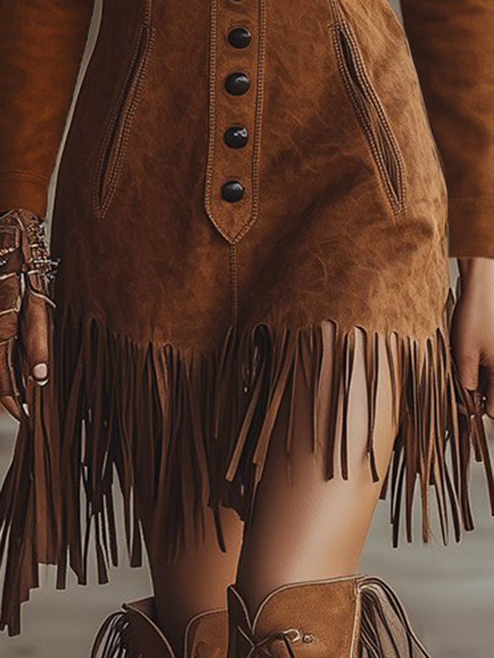 Theresia - Minikleid Western im Retro-Stil aus Kunstwildleder mit Fransen und V-Ausschnitt mit Linie feminin