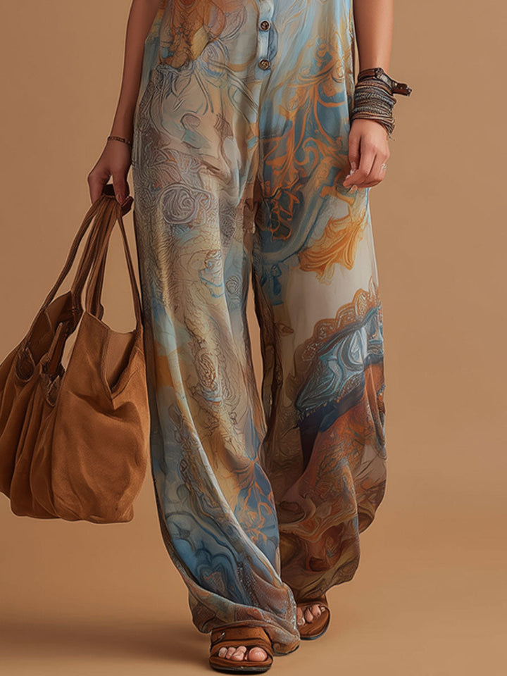 Aurelia - Overall Western im Retro-Stil aus Chiffon abstrakt mit V-Ausschnitt und ärmellosem Schnitt