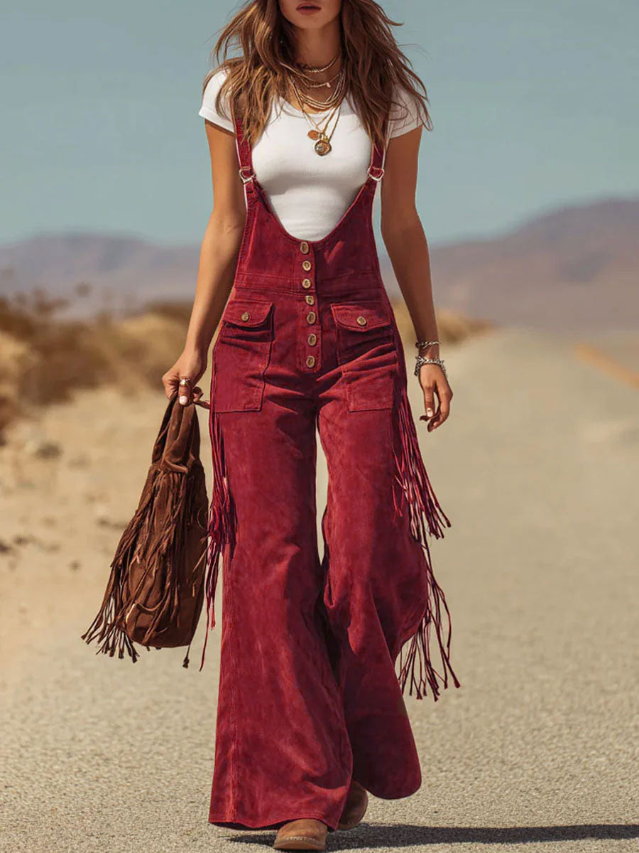 Gesine - Latzhose Western für den Alltag aus Kunstwildleder mit Fransen und Taschen