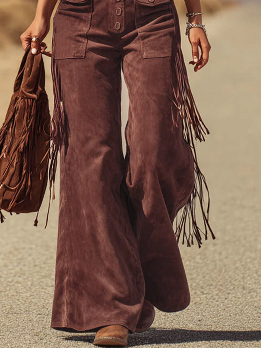 Gesine - Latzhose Western für den Alltag aus Kunstwildleder mit Fransen und Taschen