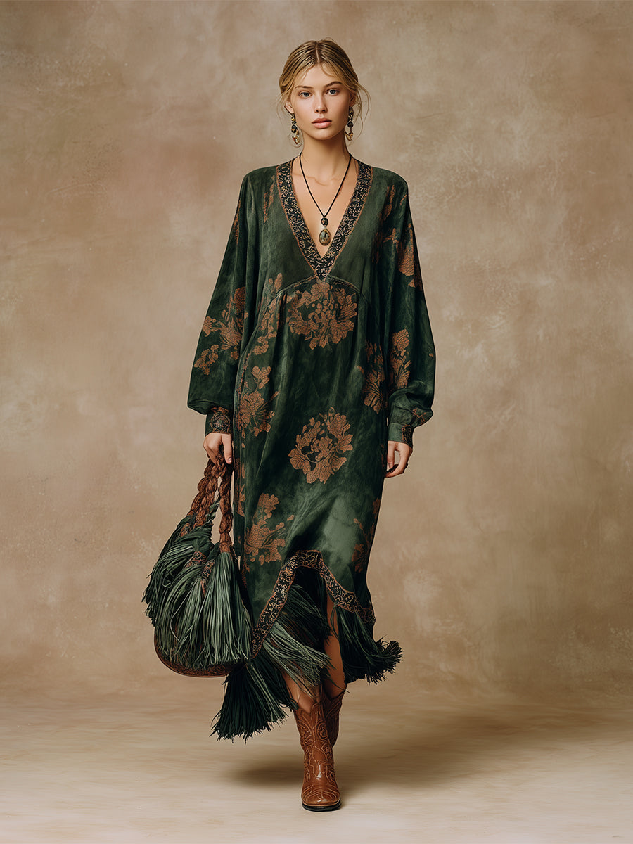 Martina - Maxikleid Retro für den Alltag aus Kunstwildleder Blumenmuster mit Fransen und V-Ausschnitt