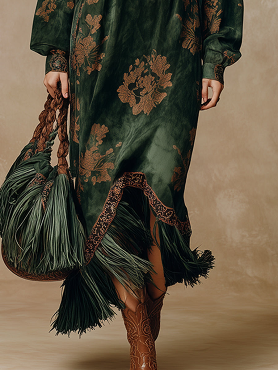 Martina - Maxikleid Retro für den Alltag aus Kunstwildleder Blumenmuster mit Fransen und V-Ausschnitt
