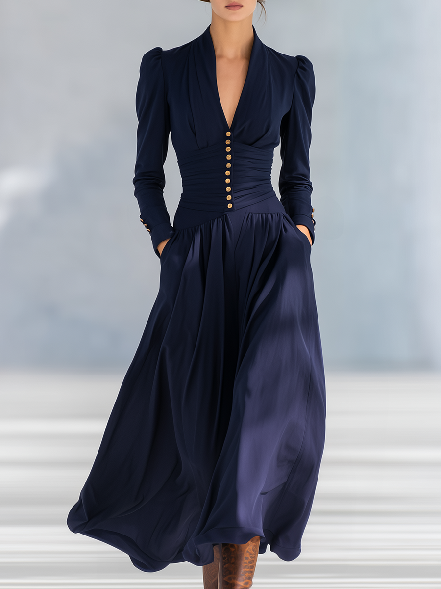 Michaela - Elegantes Maxikleid Retro aus Leinen mit V-Ausschnitt und Knöpfen