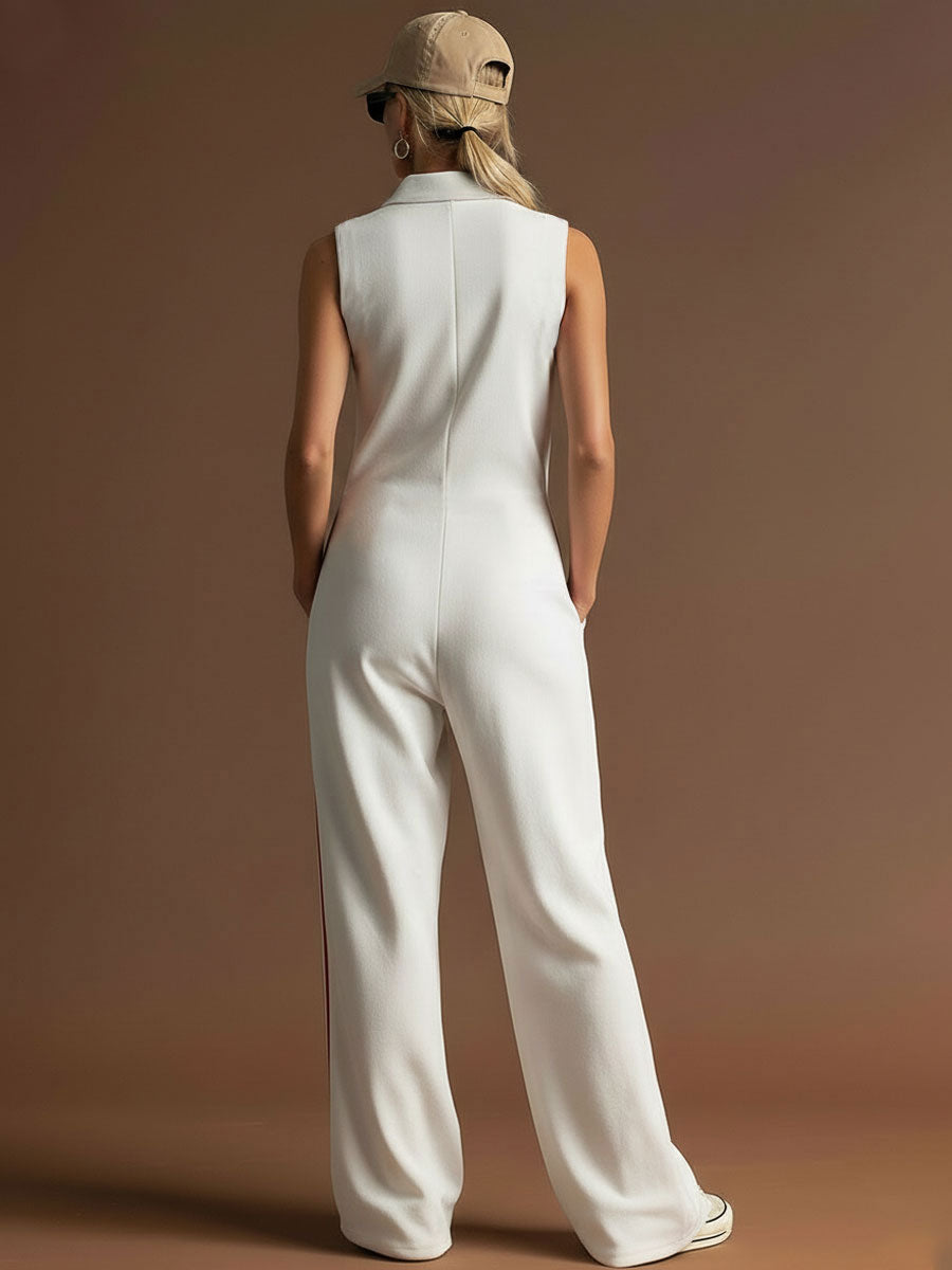 Sophie - Overall Western im Retro-Stil aus technischem Gewebe gestreift mit V-Ausschnitt und ärmellosem Schnitt