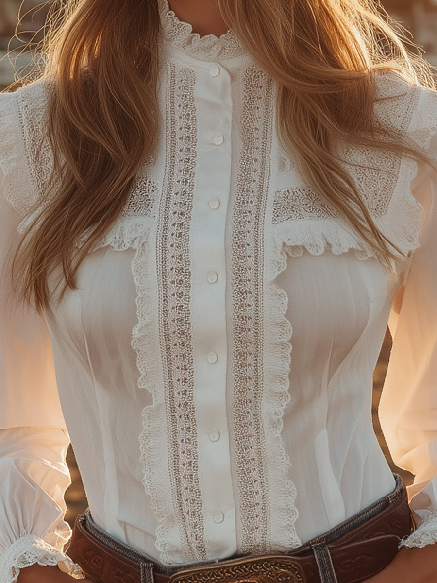 Freya - Bluse Western für den Alltag aus Spitze mit Knöpfenn und Einsätze aus Spitze