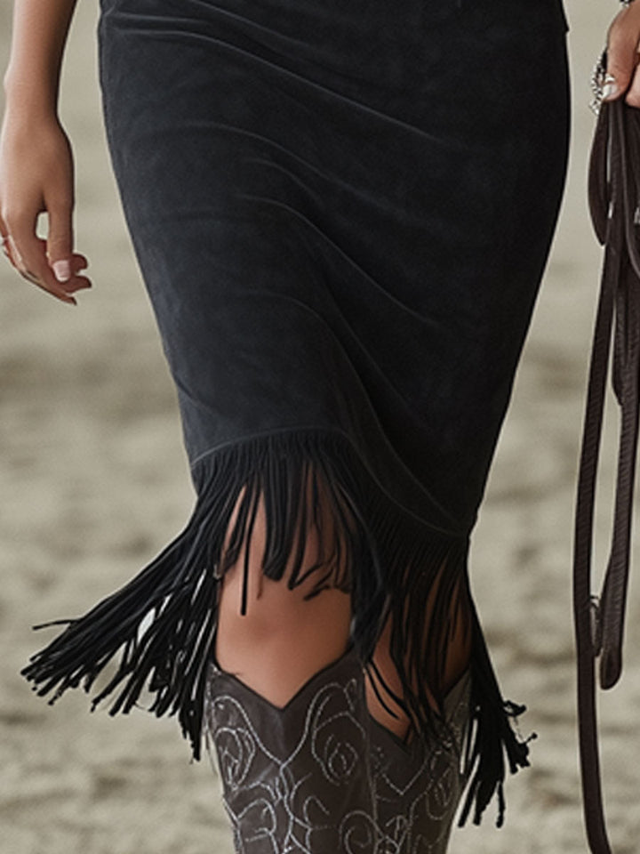 Luna - Midikleid Western im Retro-Stil aus Kunstwildleder Blumenmuster mit Fransen und V-Ausschnitt und ärmellosem Schnitt