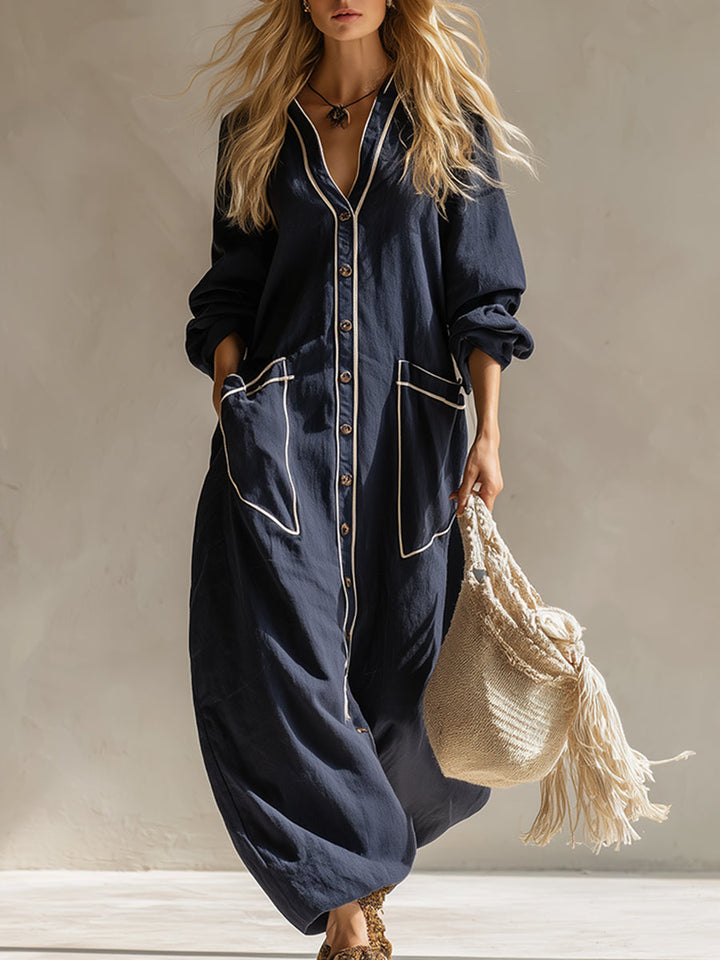 Claudia - Elegantes Maxikleid Retro aus Leinen gestreift mit V-Ausschnitt