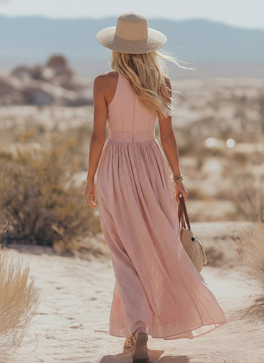 Sonja - Elegantes Maxikleid Western aus Leinen mit V-Ausschnitt und ärmellosem Schnitt