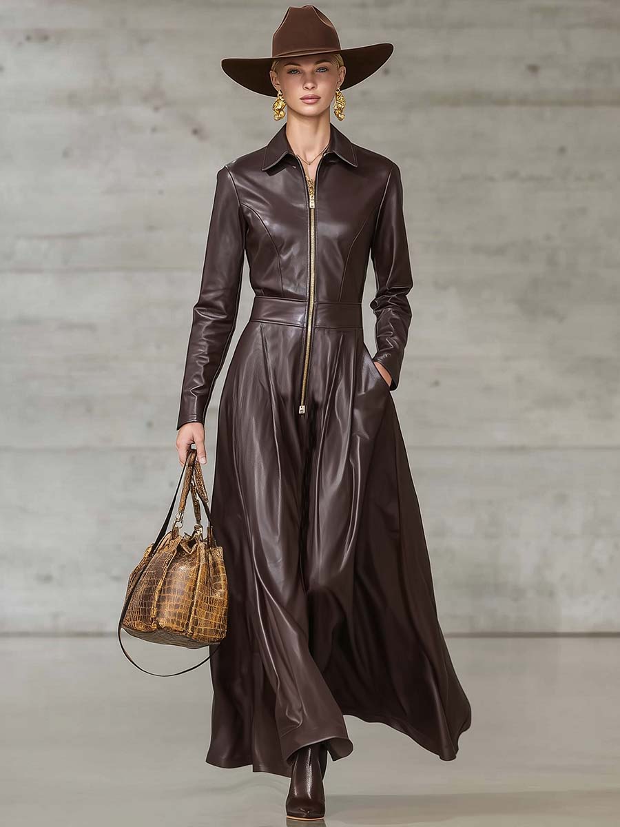 Hanni - Maxikleid Western für den Urlaub aus Kunstleder mit Reißverschluss und V-Ausschnitt