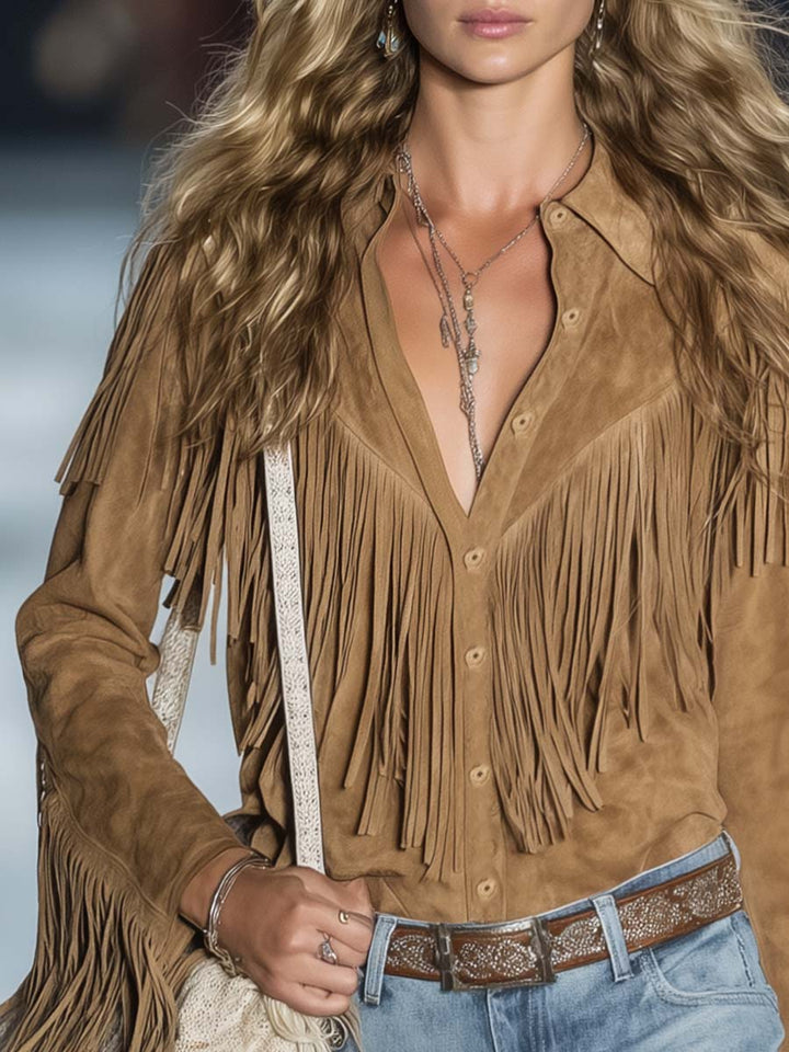 Solveig - Bluse lässig Retro aus Kunstwildleder mit Fransen und V-Ausschnitt
