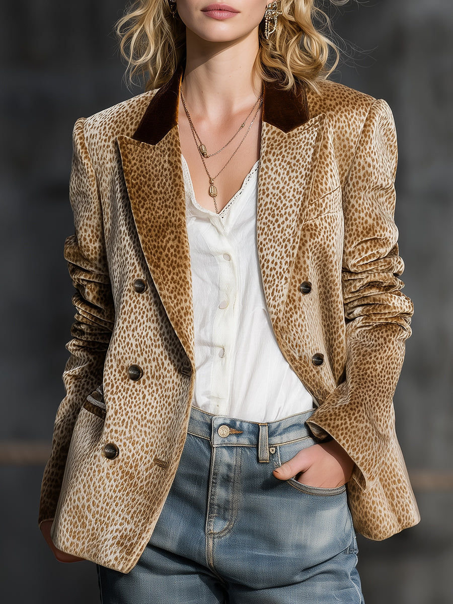 Rosina - Jacke Western im Retro-Stil aus Samt Leopardenmuster mit Kragen und V-Ausschnitt