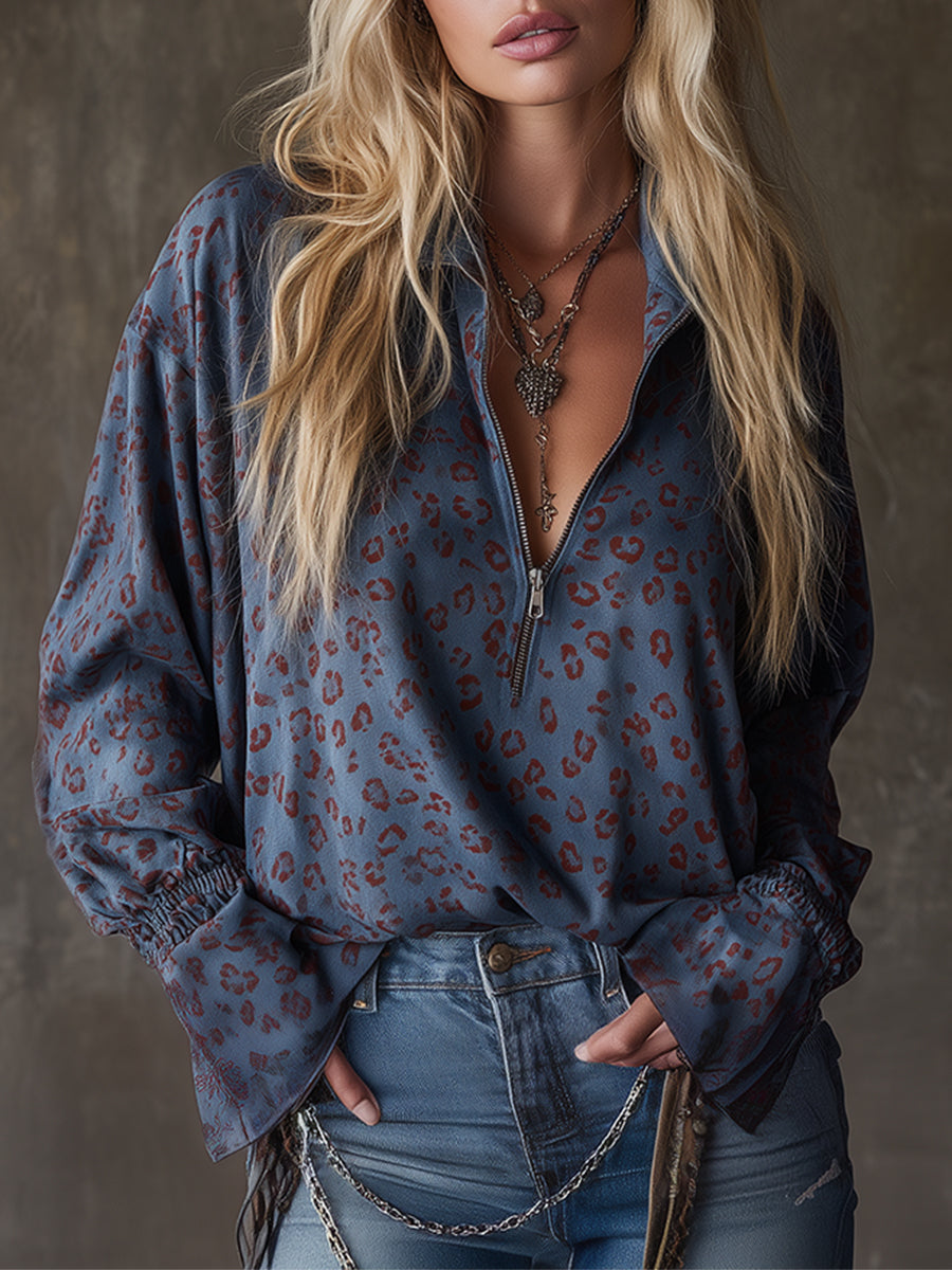 Almut - Bluse lässig Western aus Kunstwildleder Leopardenmuster mit Kragen