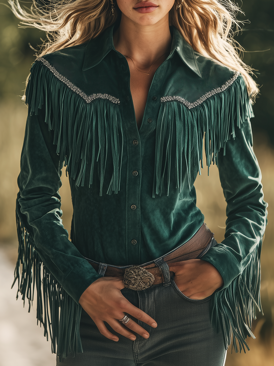 Frauke - Bluse Western im Retro-Stil aus Kunstwildleder mit Fransen und Kragen mit Linie feminin