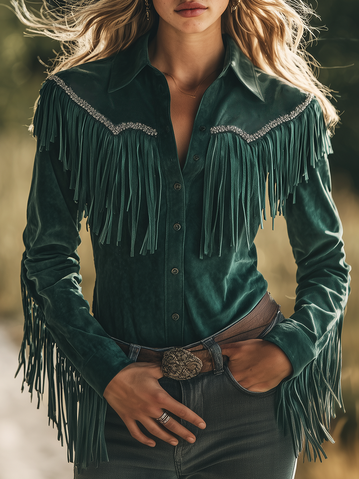 Frauke - Bluse Western im Retro-Stil aus Kunstwildleder mit Fransen und Kragen mit Linie feminin