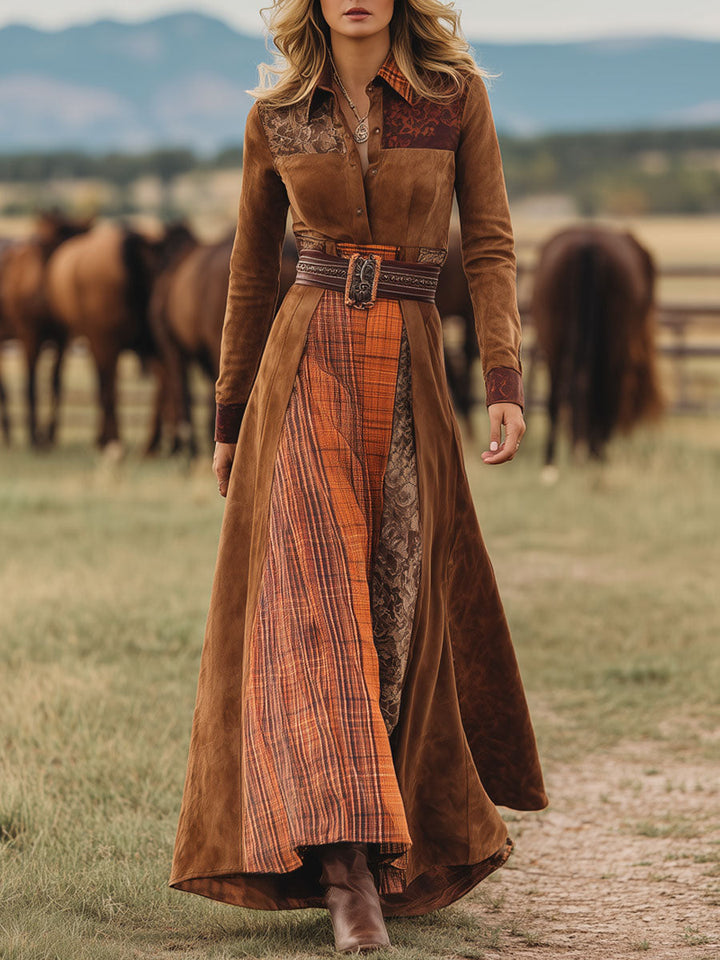 Henrietta - Maxikleid Western im Retro-Stil aus Spitze kariert mit Einsätzen aus Spitze