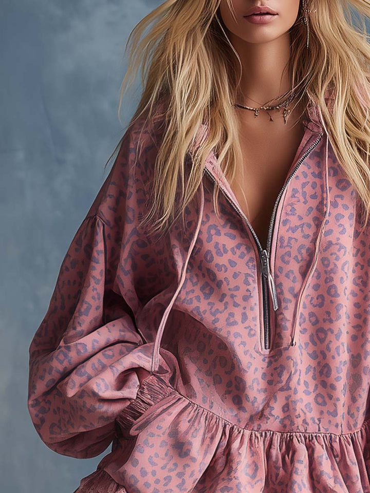 Cordula - Elegantes Minikleid Western aus Kunstwildleder Leopardenmuster mit Reißverschluss und Volants
