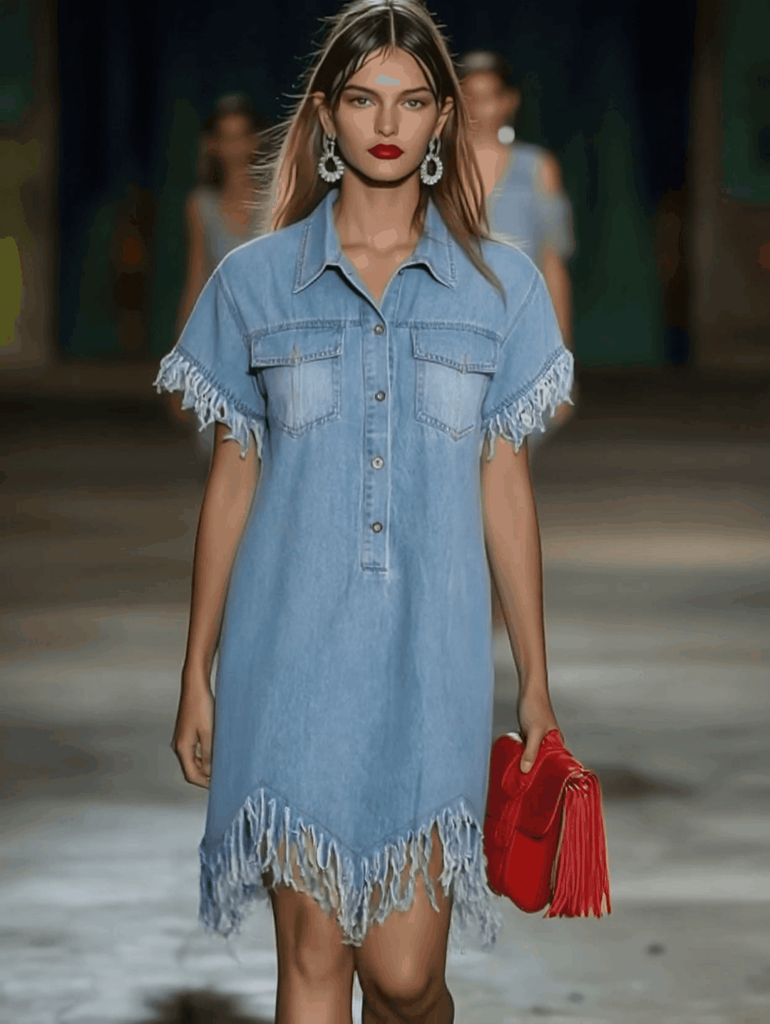 Verena - Minikleid lässig Retro aus Jeansstoff mit Fransen und V-Ausschnitt