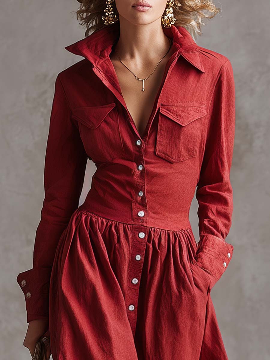 Malea - Maxikleid Western im Retro-Stil aus Leinen mit Kragen und Knöpfen