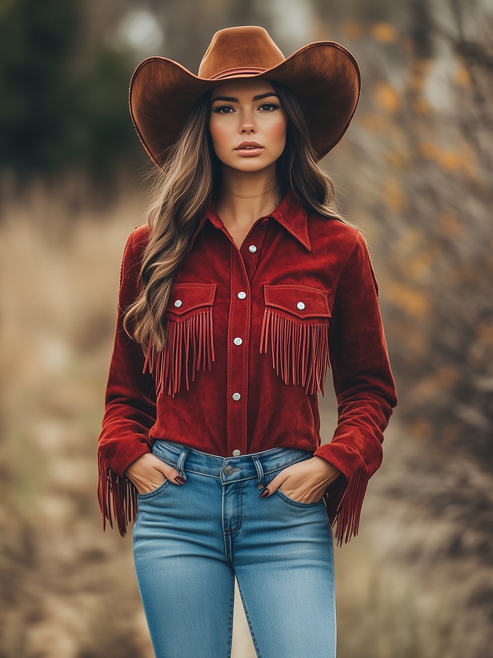Lenya - Bluse Western im Retro-Stil aus Kunstwildleder mit Fransen und Kragen