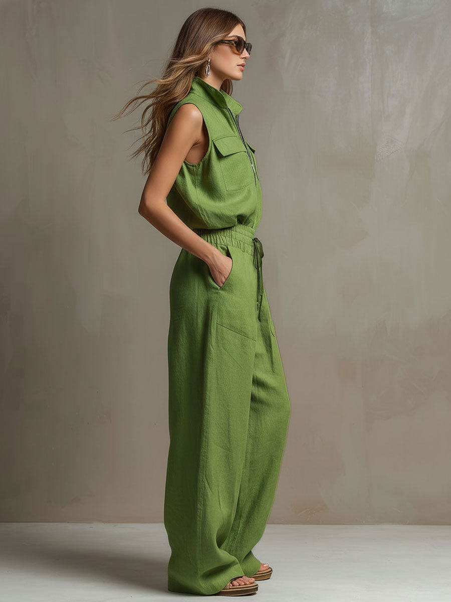 Ines - Lässiges Hosen-Ensemble Retro aus Leinen mit Reißverschluss und Kragen ärmellos