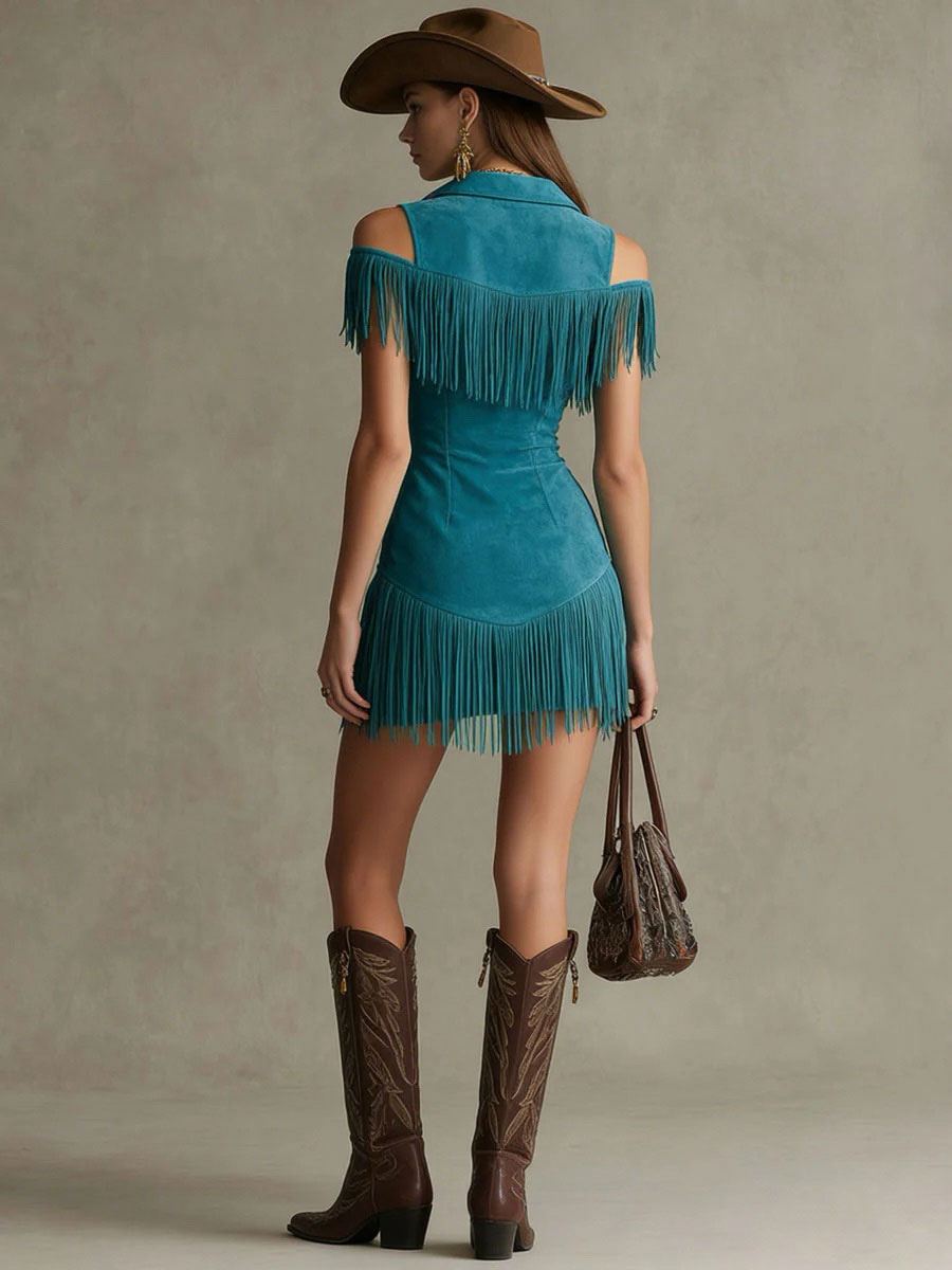 Meike - Minikleid Western im Retro-Stil aus Kunstwildleder mit Reißverschluss und Fransen