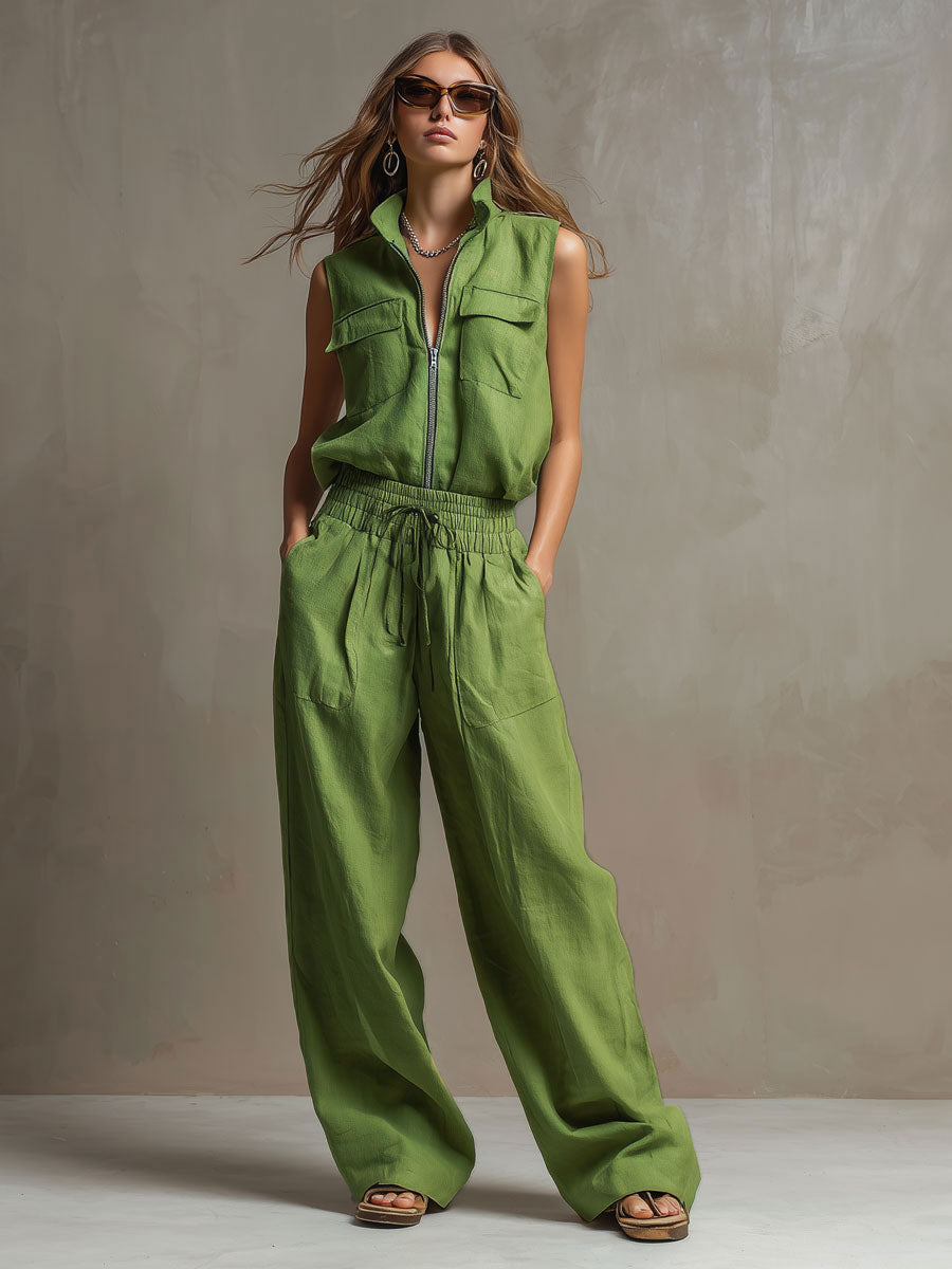 Ines - Lässiges Hosen-Ensemble Retro aus Leinen mit Reißverschluss und Kragen ärmellos