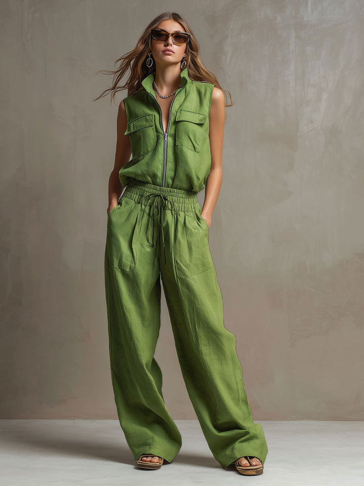Ines - Lässiges Hosen-Ensemble Retro aus Leinen mit Reißverschluss und Kragen ärmellos