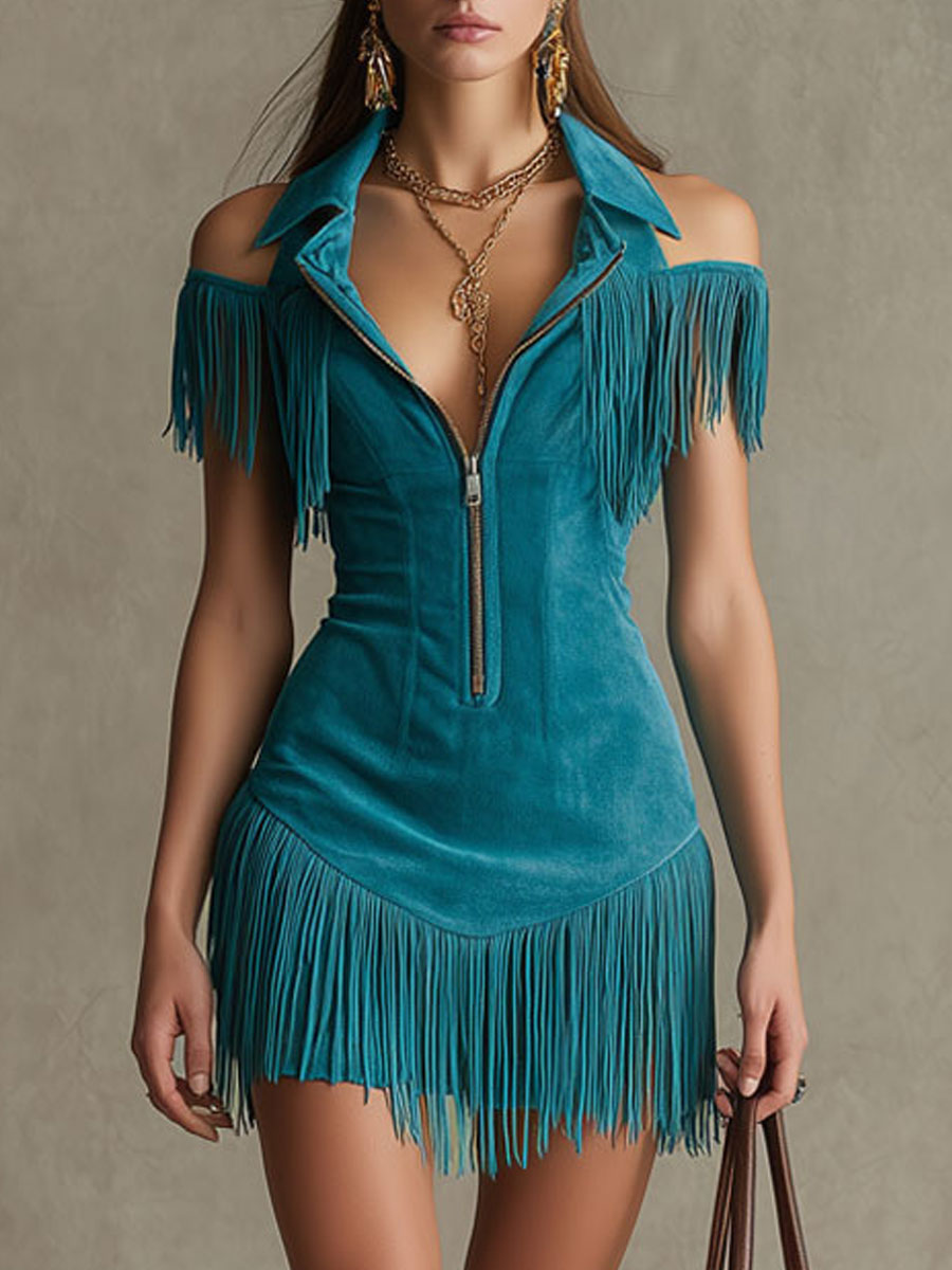 Meike - Minikleid Western im Retro-Stil aus Kunstwildleder mit Reißverschluss und Fransen
