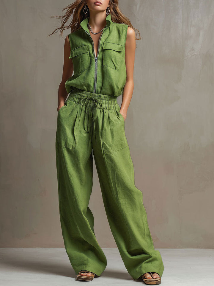 Ines - Lässiges Hosen-Ensemble Retro aus Leinen mit Reißverschluss und Kragen ärmellos