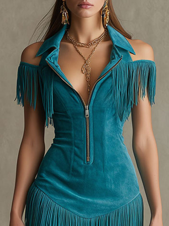 Meike - Minikleid Western im Retro-Stil aus Kunstwildleder mit Reißverschluss und Fransen