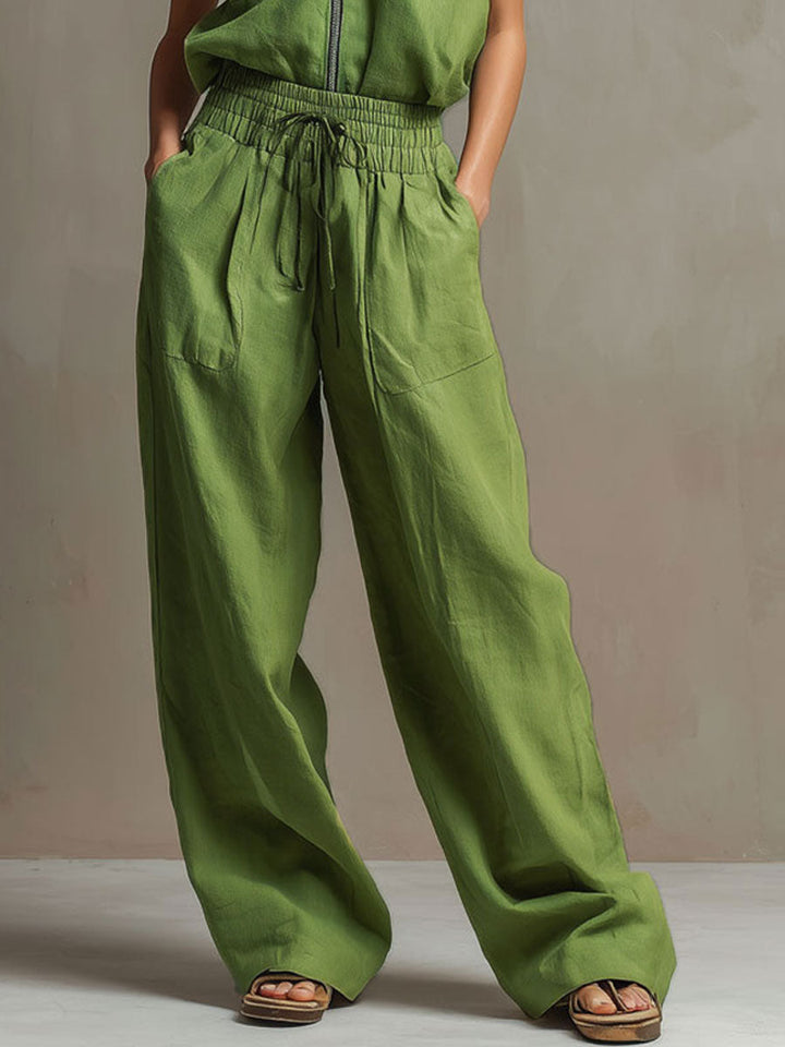 Ines - Lässiges Hosen-Ensemble Retro aus Leinen mit Reißverschluss und Kragen ärmellos