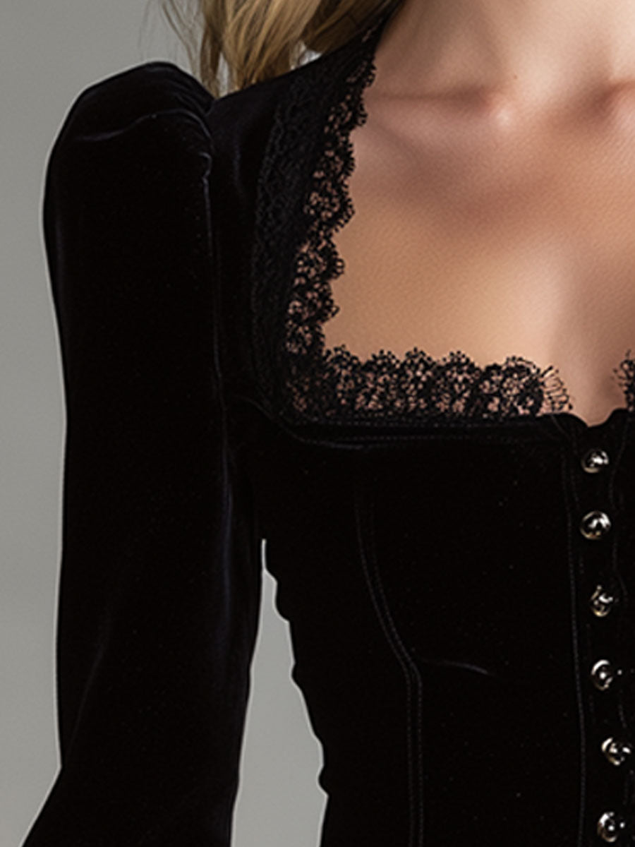 Ute - Bluse elegant im Retro-Stil aus Samt mit Kragen und Einsätze aus Spitze