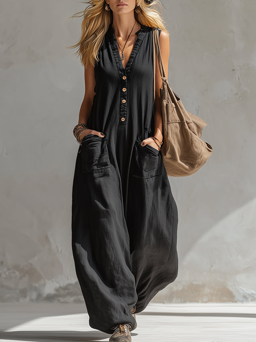 Magdalena - Overall elegant für den Alltag aus Leinen mit V-Ausschnitt und ärmellosem Schnitt