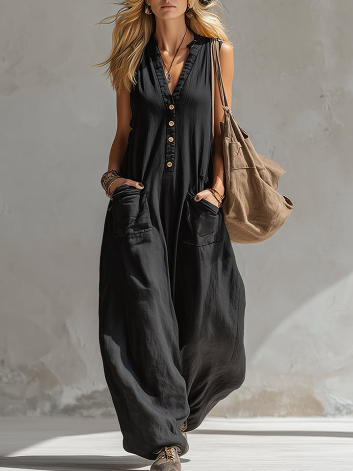 Magdalena - Overall elegant für den Alltag aus Leinen mit V-Ausschnitt und ärmellosem Schnitt