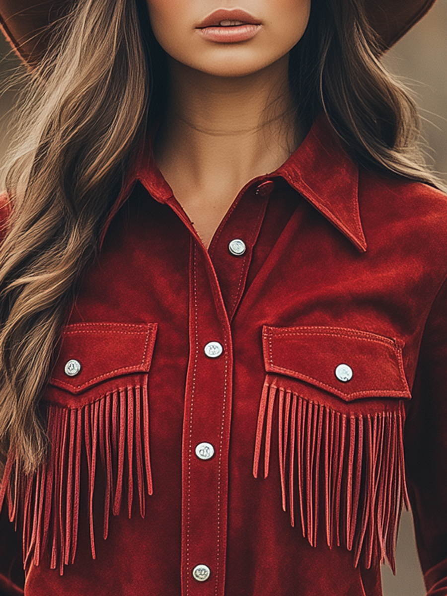 Lenya - Bluse Western im Retro-Stil aus Kunstwildleder mit Fransen und Kragen