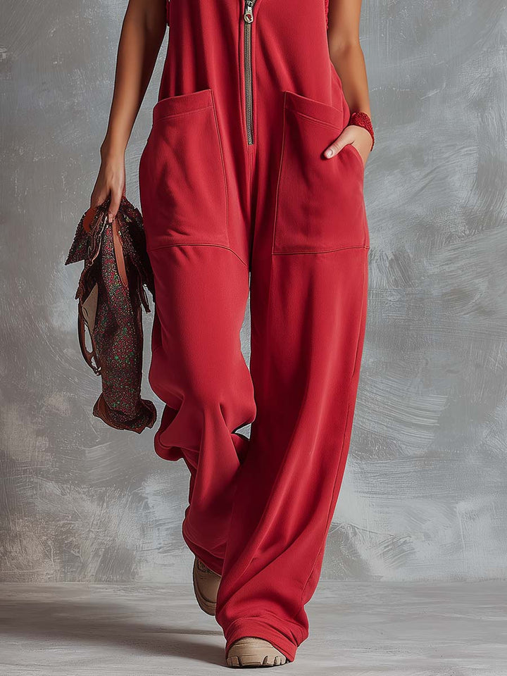 Ursula - Overall Western im Retro-Stil aus technischem Gewebe mit Reißverschluss und V-Ausschnitt und ärmellosem Schnitt mit Linie feminin
