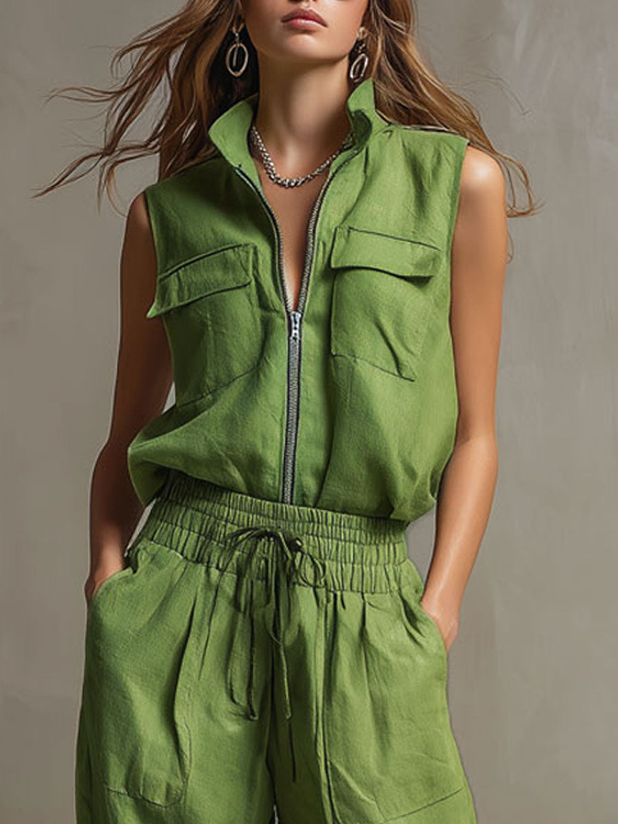 Ines - Lässiges Hosen-Ensemble Retro aus Leinen mit Reißverschluss und Kragen ärmellos