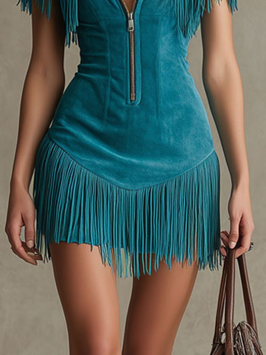 Meike - Minikleid Western im Retro-Stil aus Kunstwildleder mit Reißverschluss und Fransen