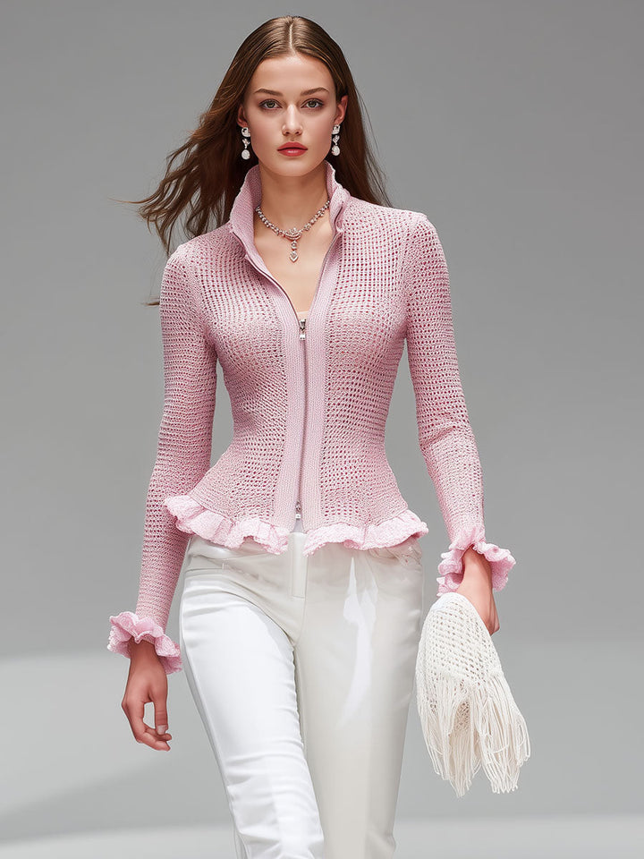 Lotte - Strickjacke für besondere Abende aus Strick im Farbblock-Design mit Reißverschluss und Volants