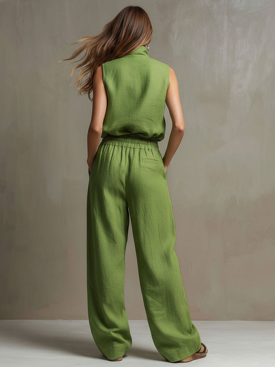 Ines - Lässiges Hosen-Ensemble Retro aus Leinen mit Reißverschluss und Kragen ärmellos