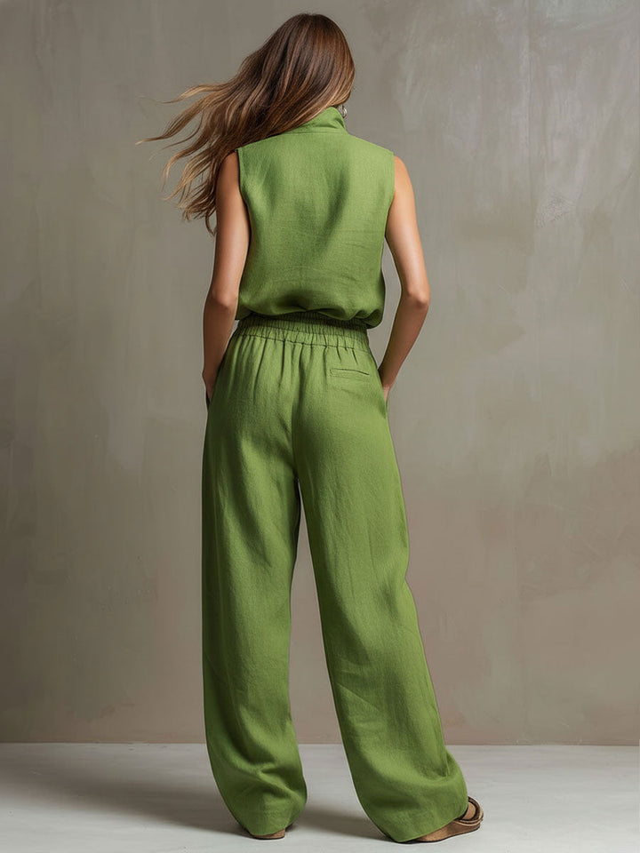 Ines - Lässiges Hosen-Ensemble Retro aus Leinen mit Reißverschluss und Kragen ärmellos