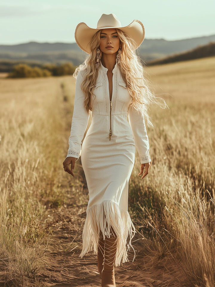Amalia - Maxikleid Western im Retro-Stil aus Jeansstoff mit Reißverschluss und Fransen