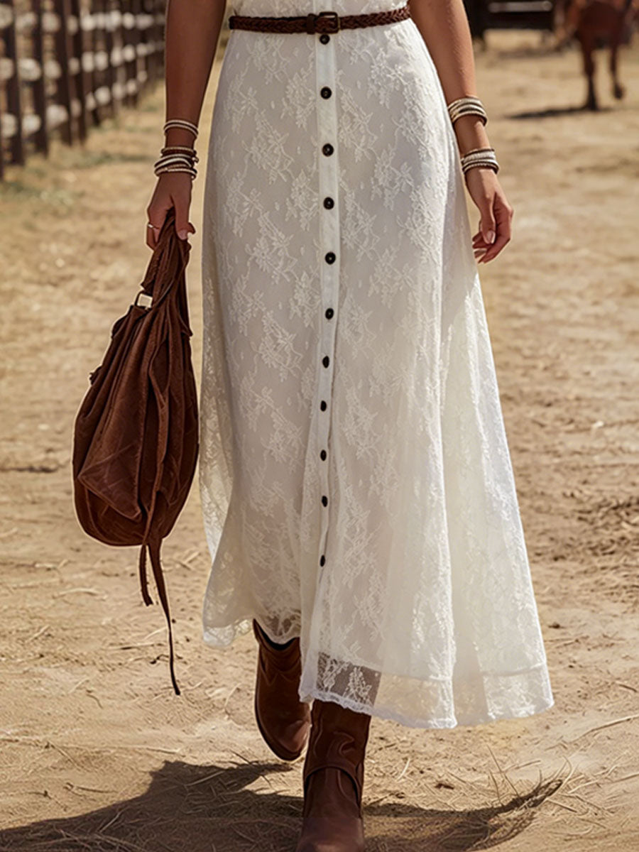 Lina - Maxikleid Western für den Urlaub aus Spitze mit V-Ausschnitt und ärmellosem Schnitt