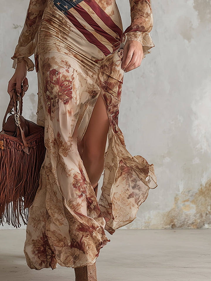Anna - Maxikleid Western im Retro-Stil aus Chiffon Blumenmuster mit Volants und V-Ausschnitt