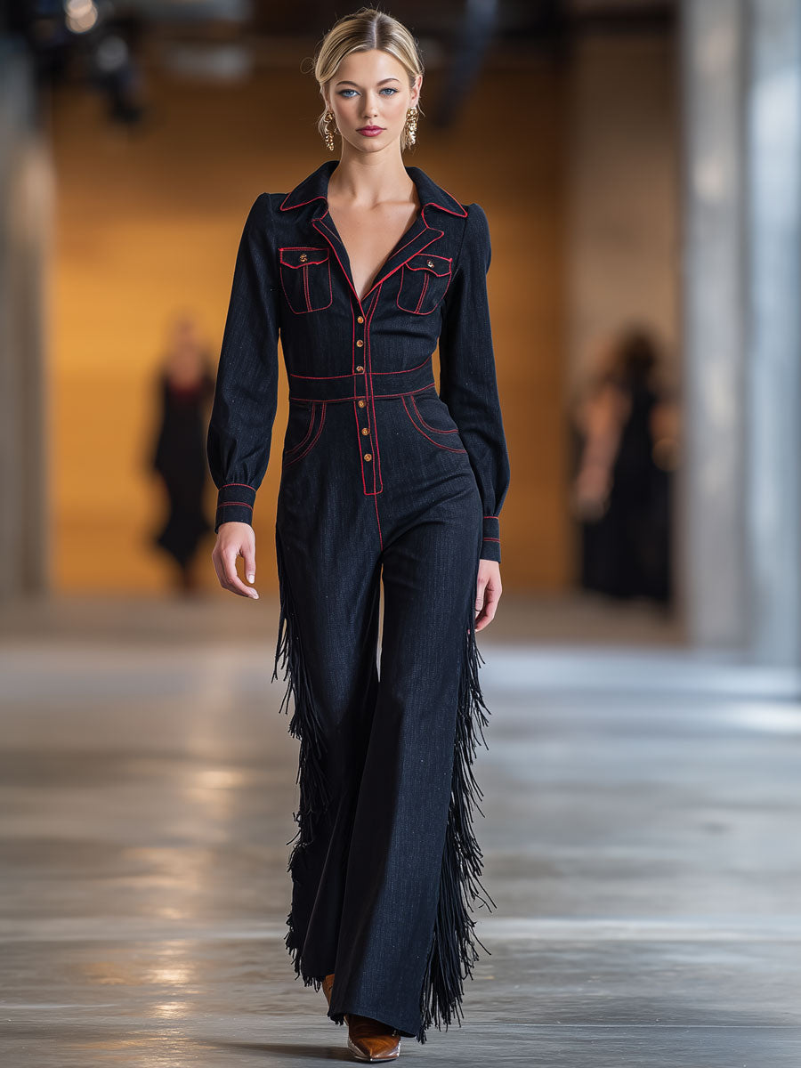 Lene - Overall Western im Retro-Stil aus Jeansstoff gestreift mit Fransen und V-Ausschnitt